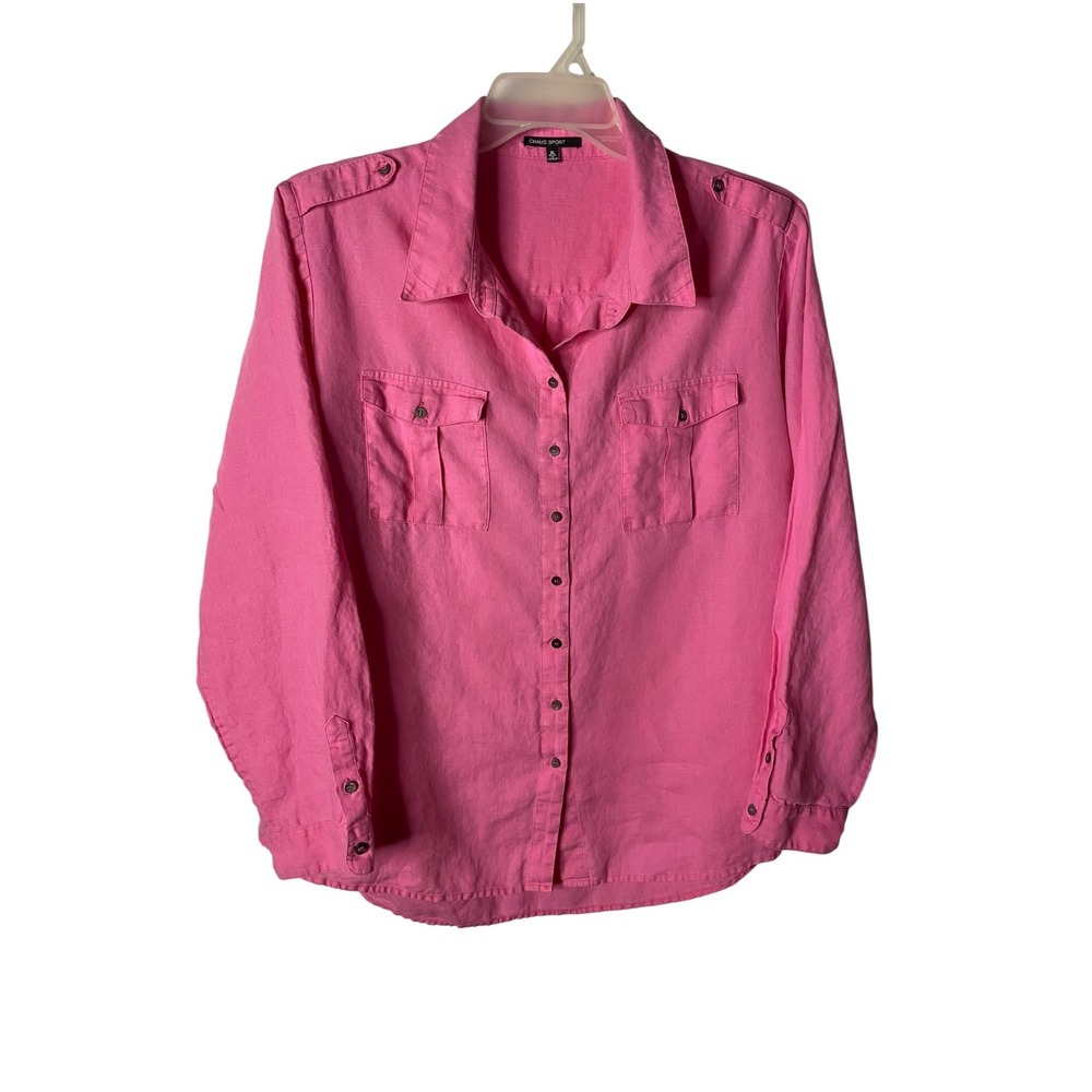Chaus Sport Womens XL Pink 100% Linen Long Sleeve Utility Button Down Shirt